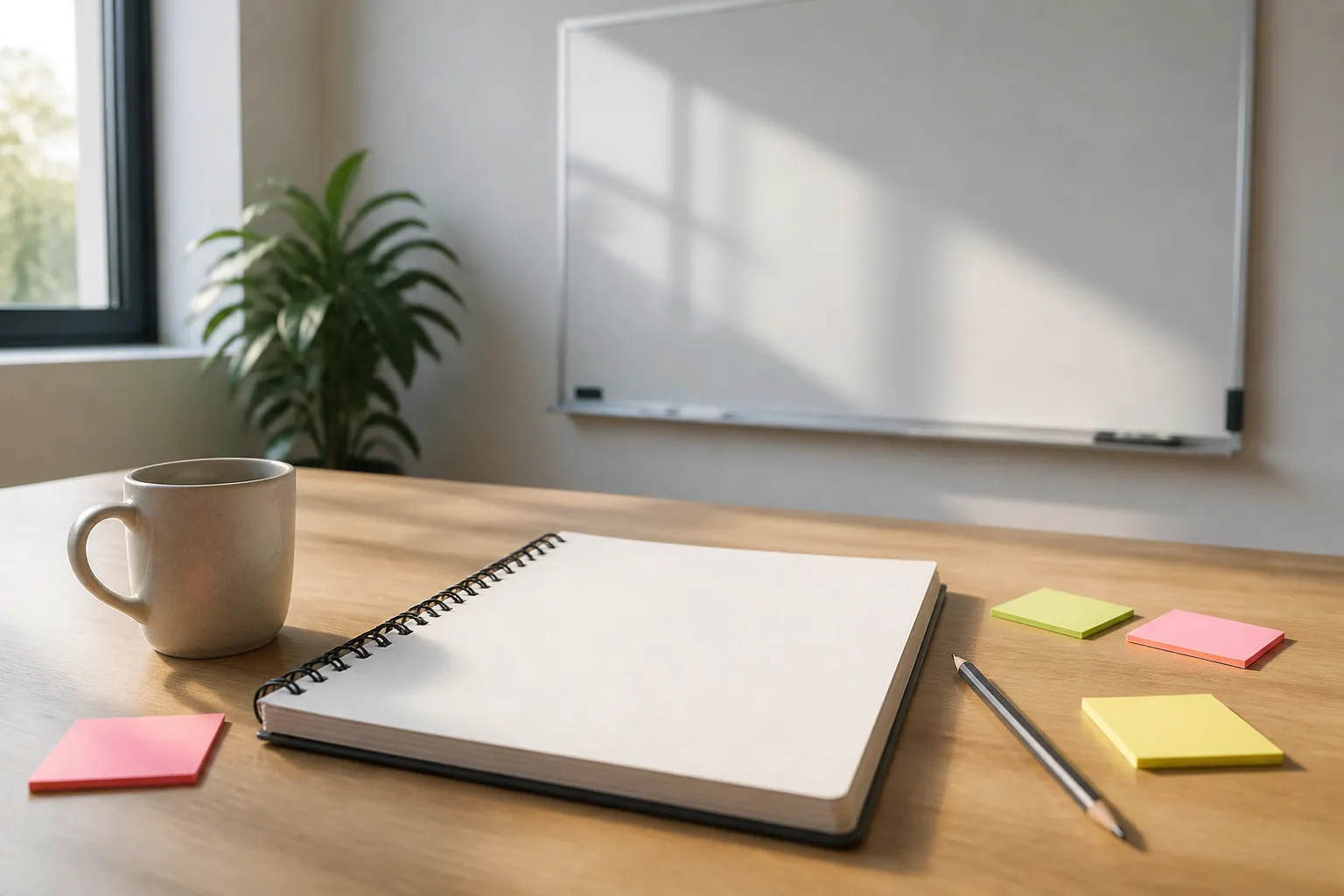 Blank project planning workspace with notebook, sticky notes, and whiteboard