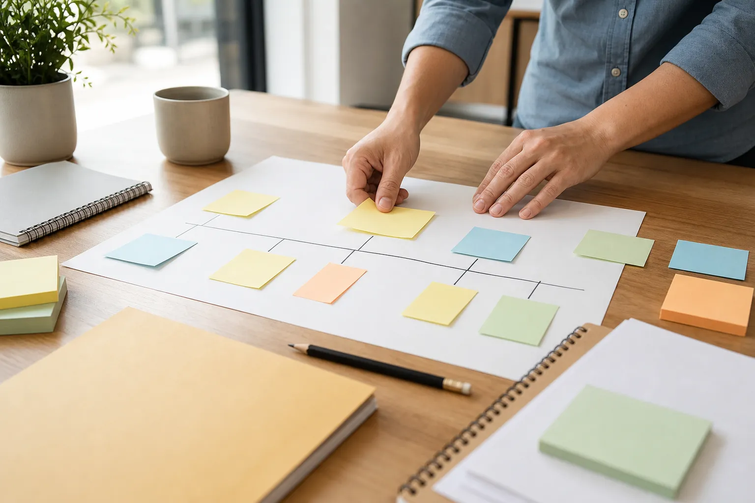 Project planning board with task cards arranged around a simple project timeline