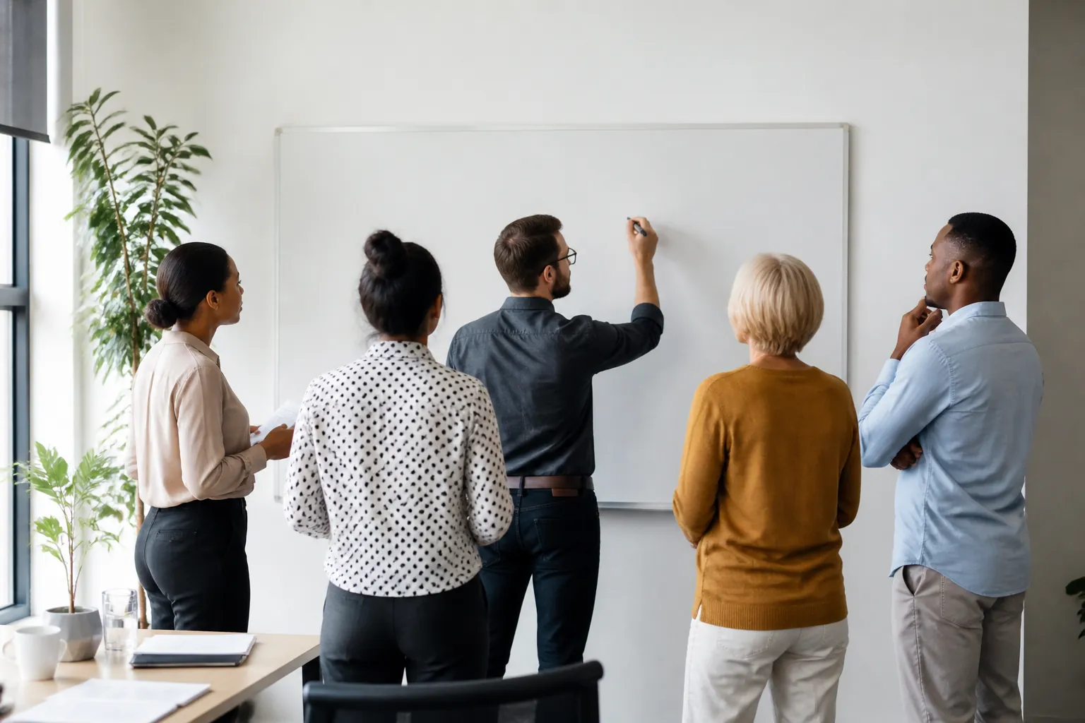 Cross-functional team coordinating around a blank planning whiteboard