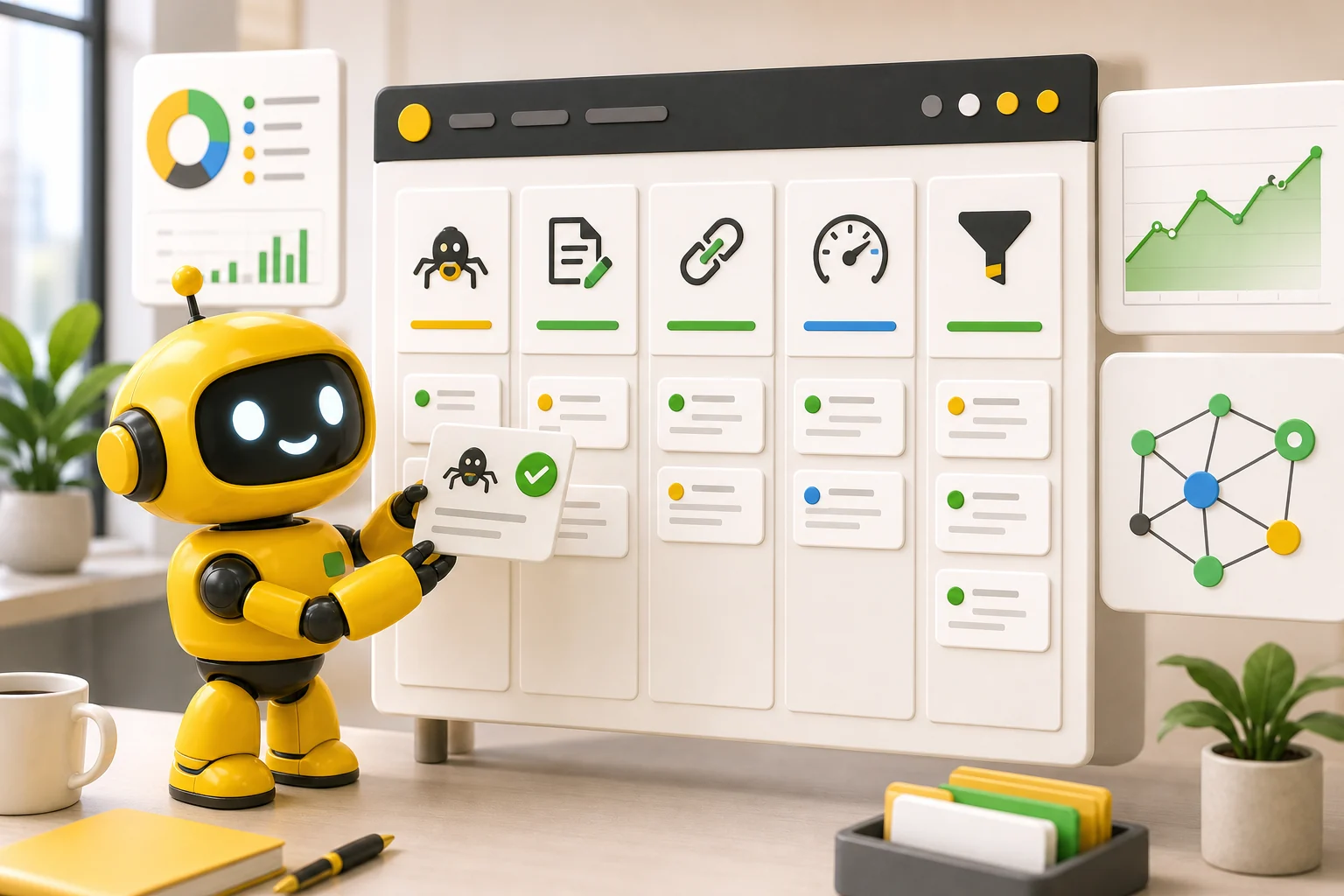 Theo robot organizing recurring SEO maintenance tasks across links, content, speed, and search performance