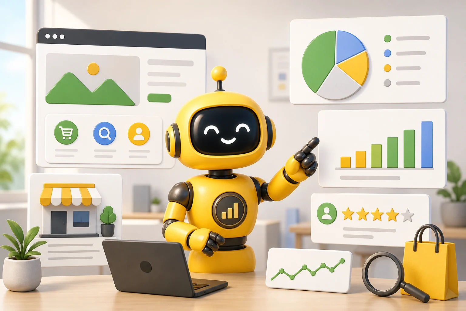 Theo robot presenting small-business website statistics across search, reviews, ecommerce, and website charts