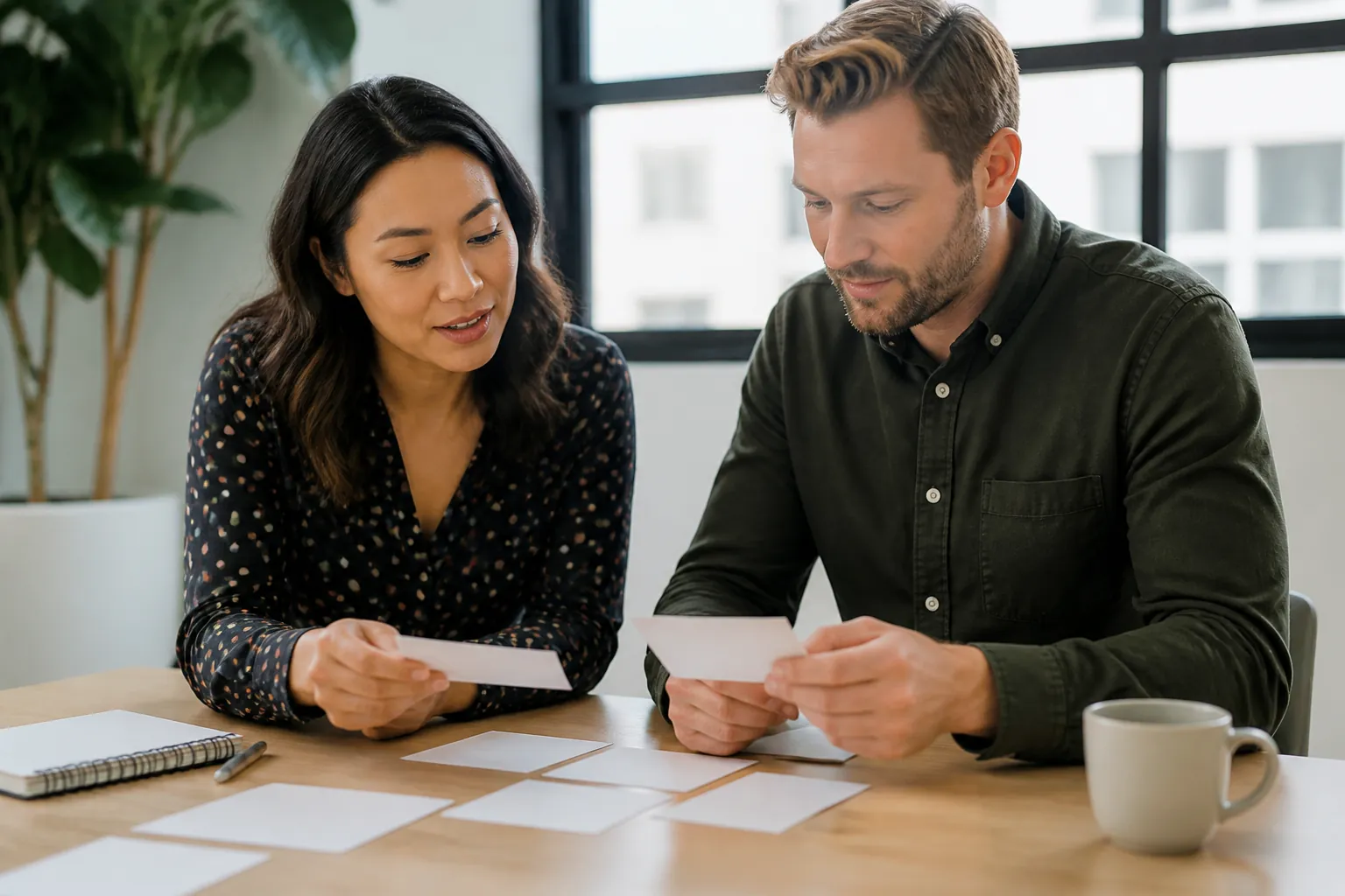 Two colleagues reviewing blank content cards during a meeting