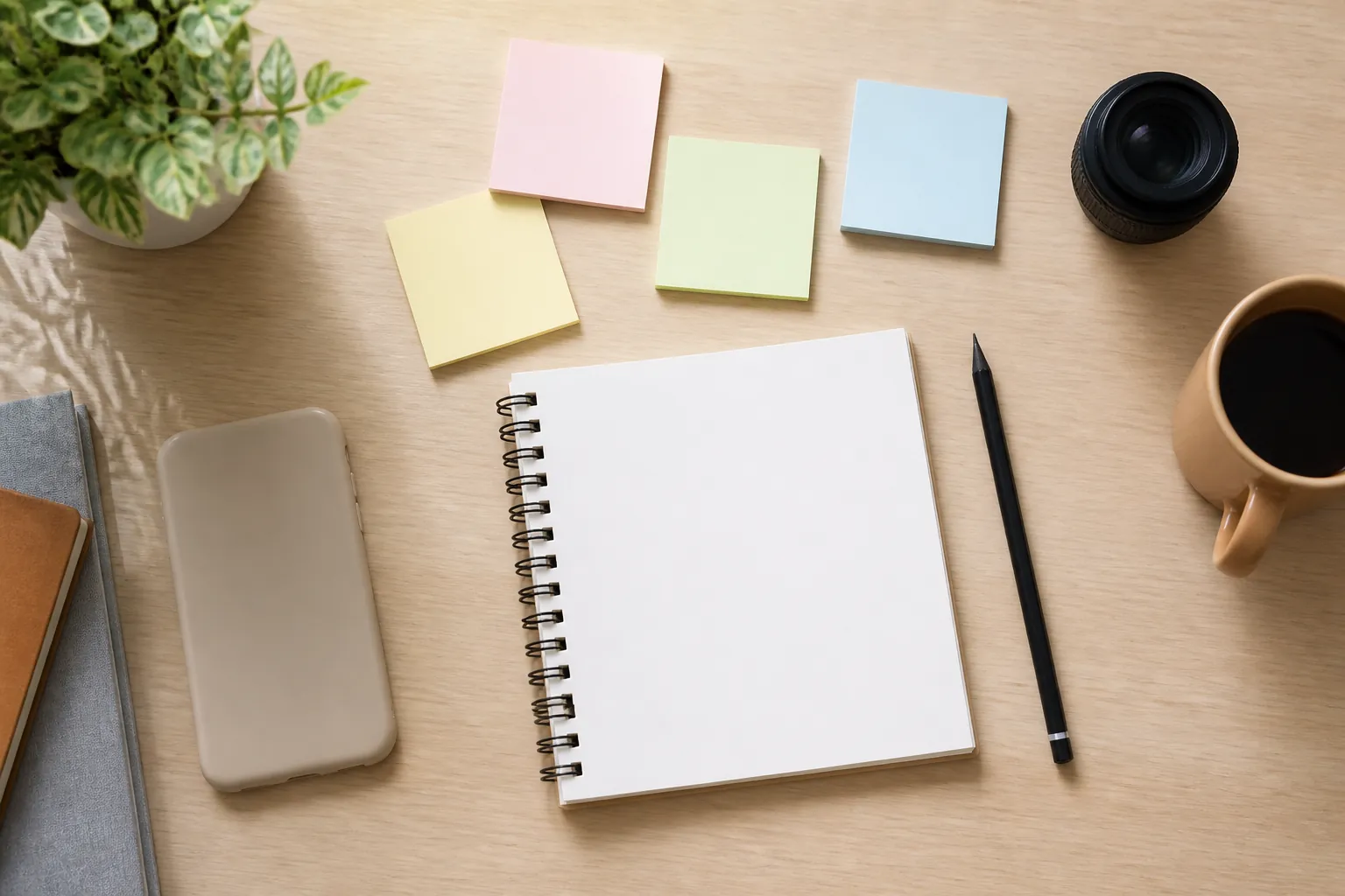 Content planning desk with blank notes, camera lens, and phone