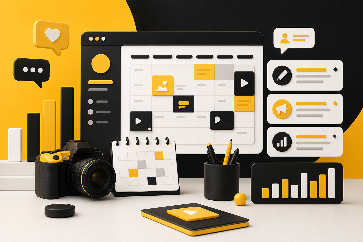 Social media marketing role dashboard with content calendar and analytics blocks
