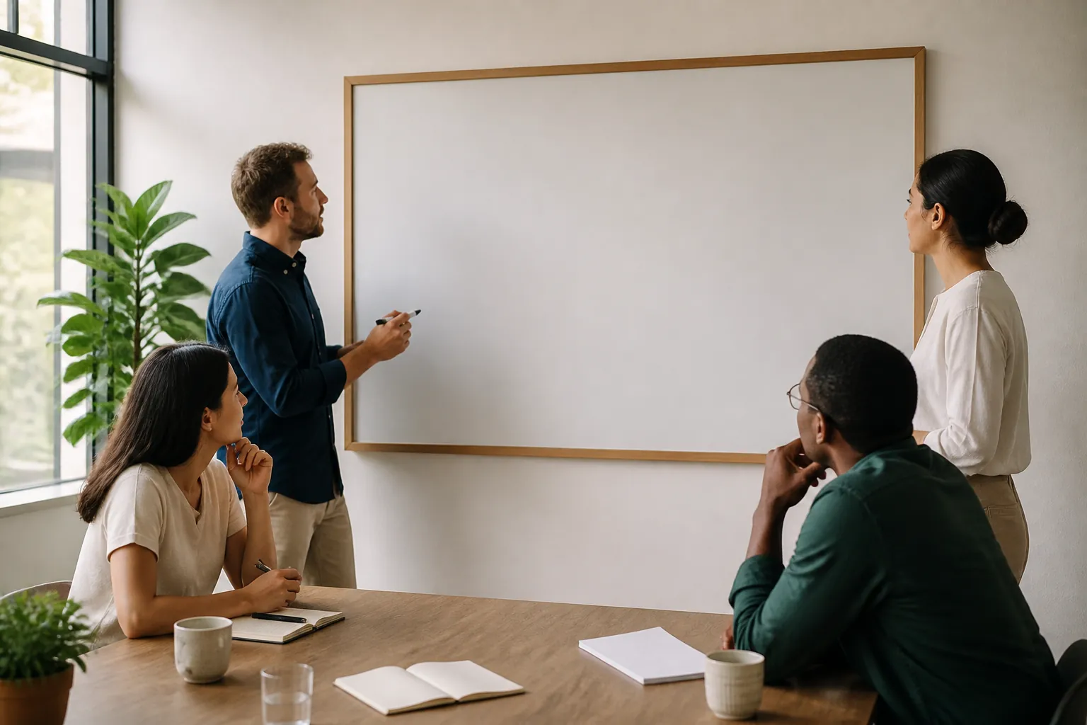 Small team planning content around a blank whiteboard