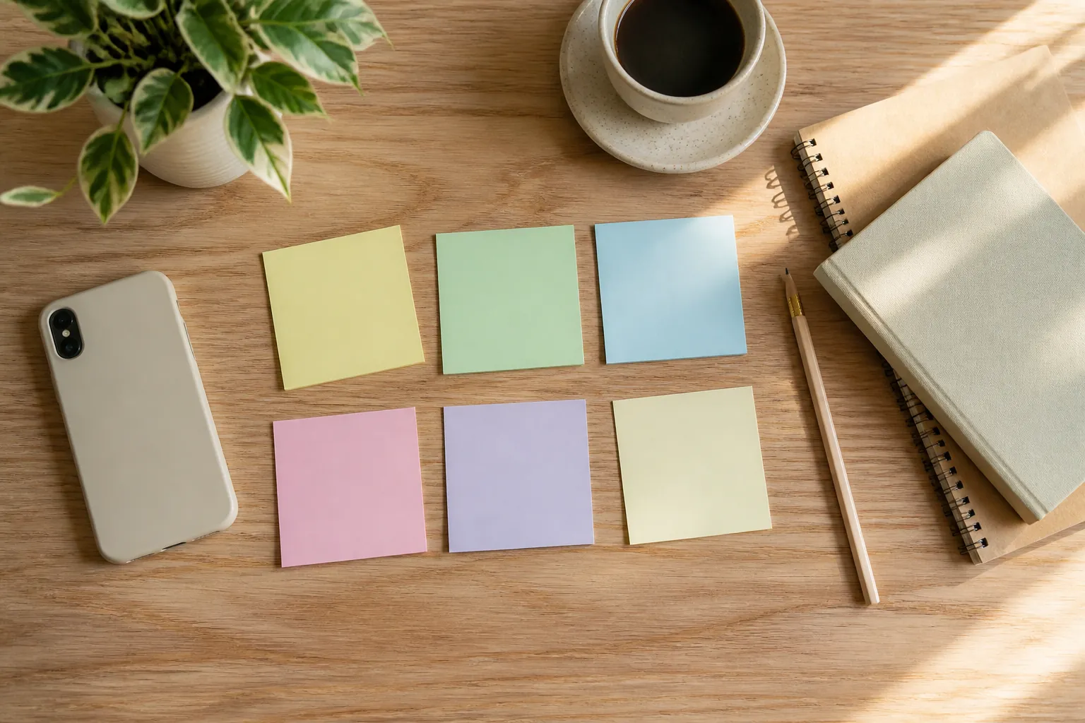 Content planning desk with blank notes, smartphone, and notebook