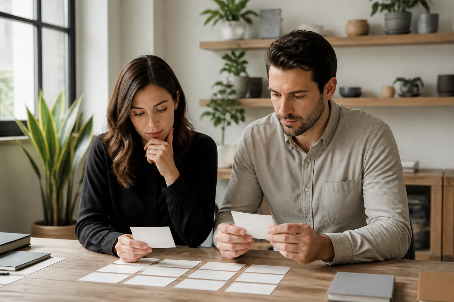 Two professionals reviewing blank content cards at a desk