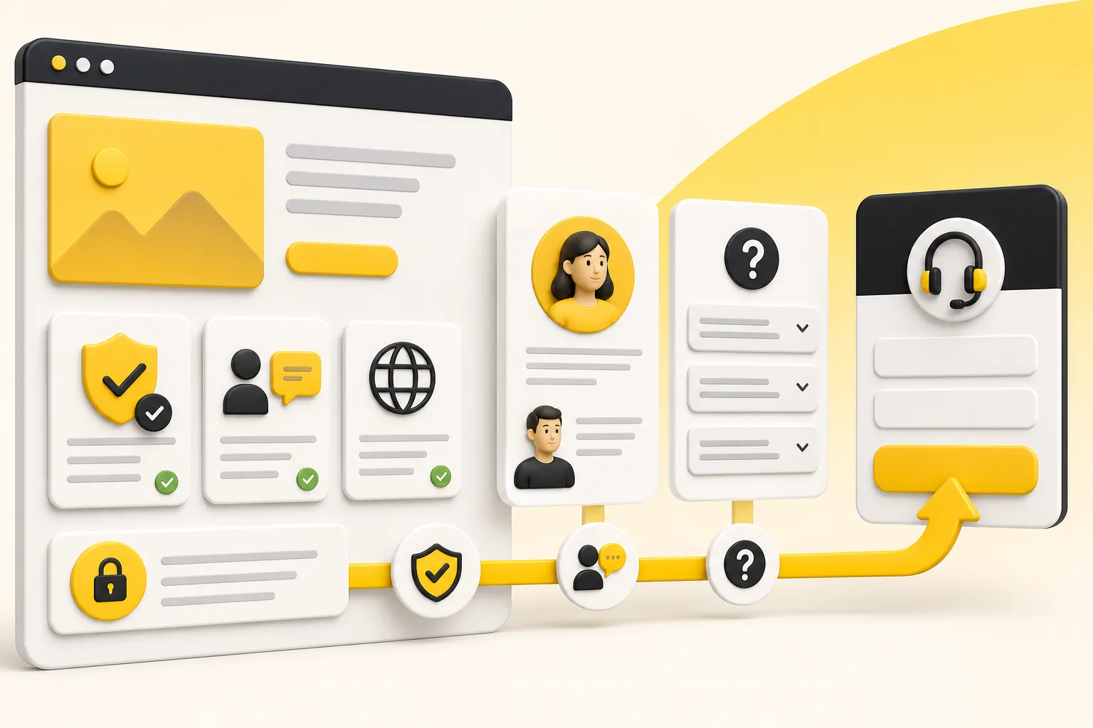 Trust signals and FAQ cards placed along a website path toward contact