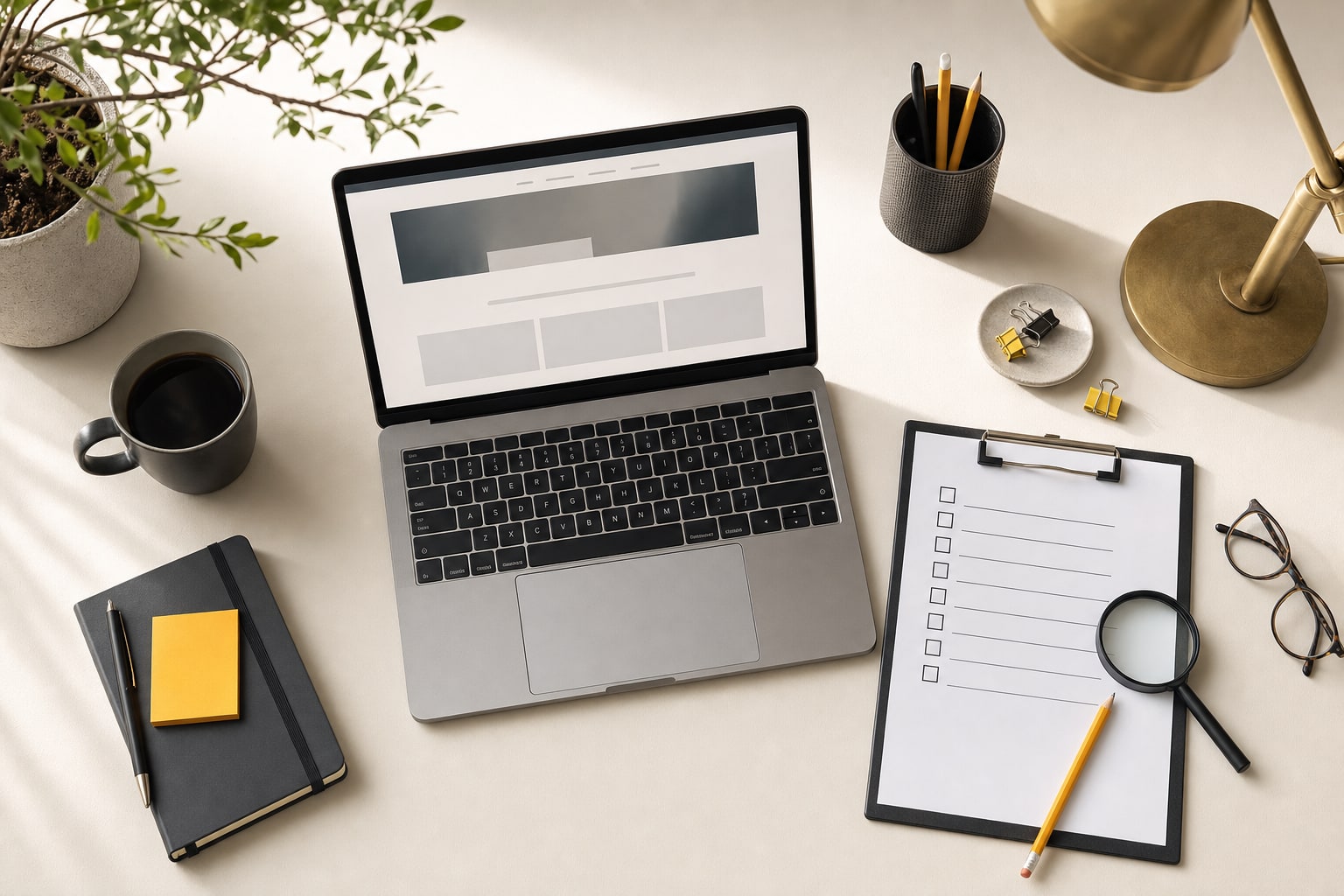 Desk arranged for a small business website review with laptop, checklist, and magnifying glass