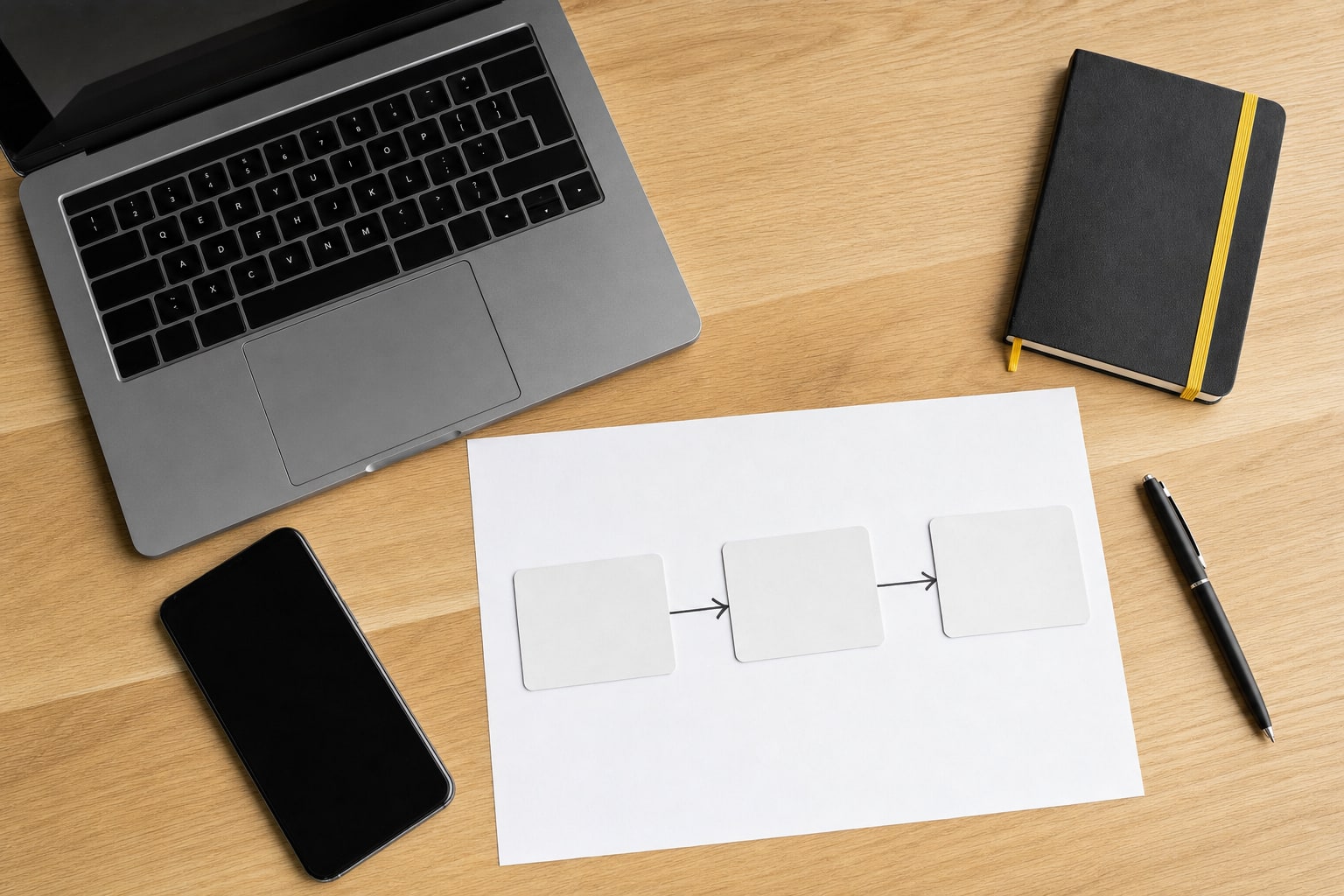 Laptop, phone, and simple customer journey plan arranged on a desk
