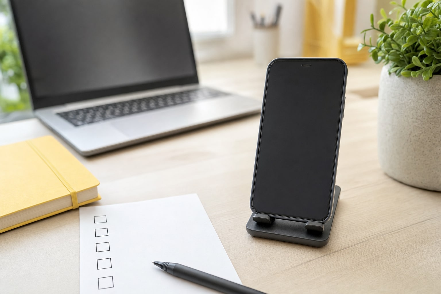 Phone on a stand beside a simple review checklist and laptop