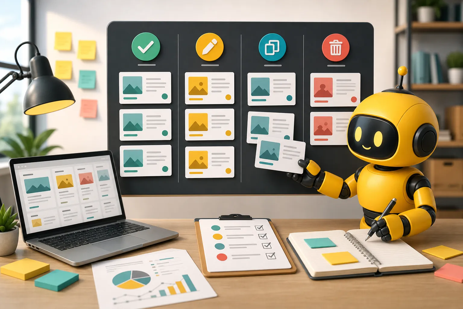 Theo robot sorting website pages into content audit actions on a planning board