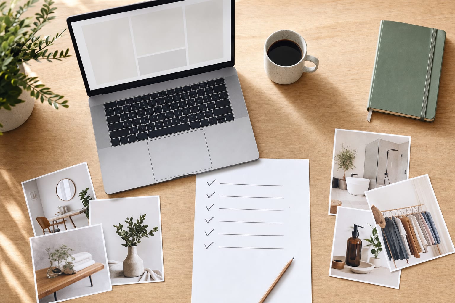 Small business content review desk with a laptop, checklist, and service photos