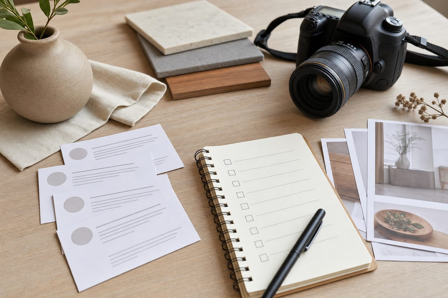 Camera, customer feedback cards, and product photos prepared as website proof