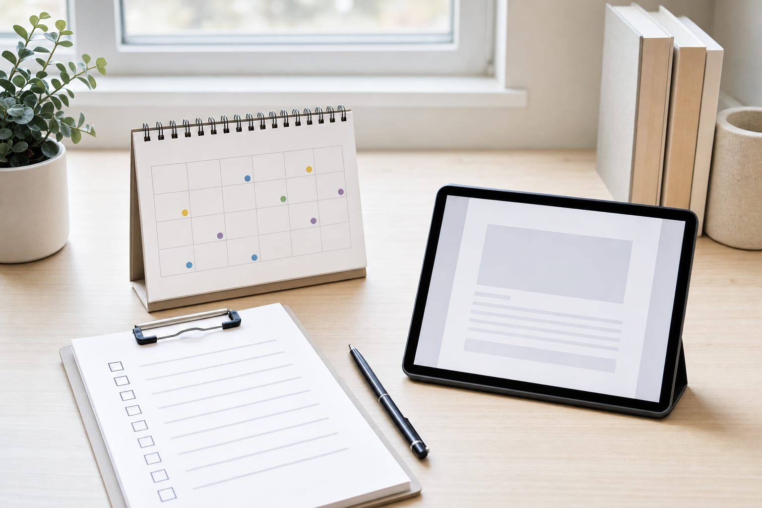 Calendar, checklist, and tablet set up for a recurring website content review