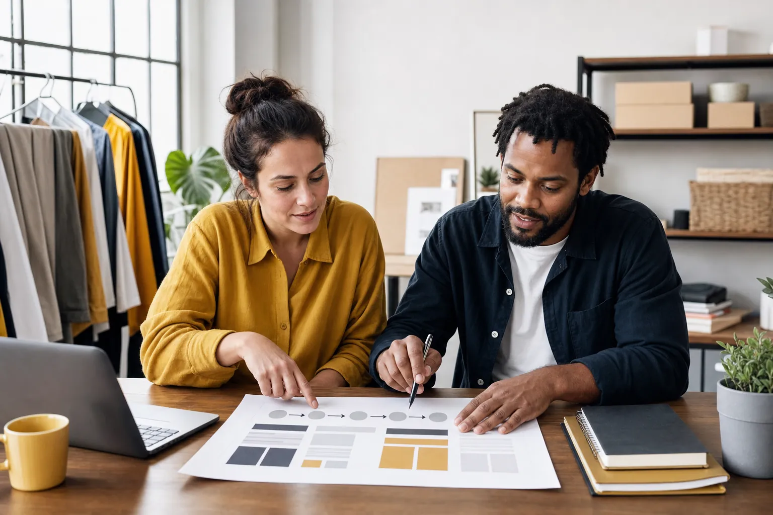 Small business owners reviewing a website page plan together