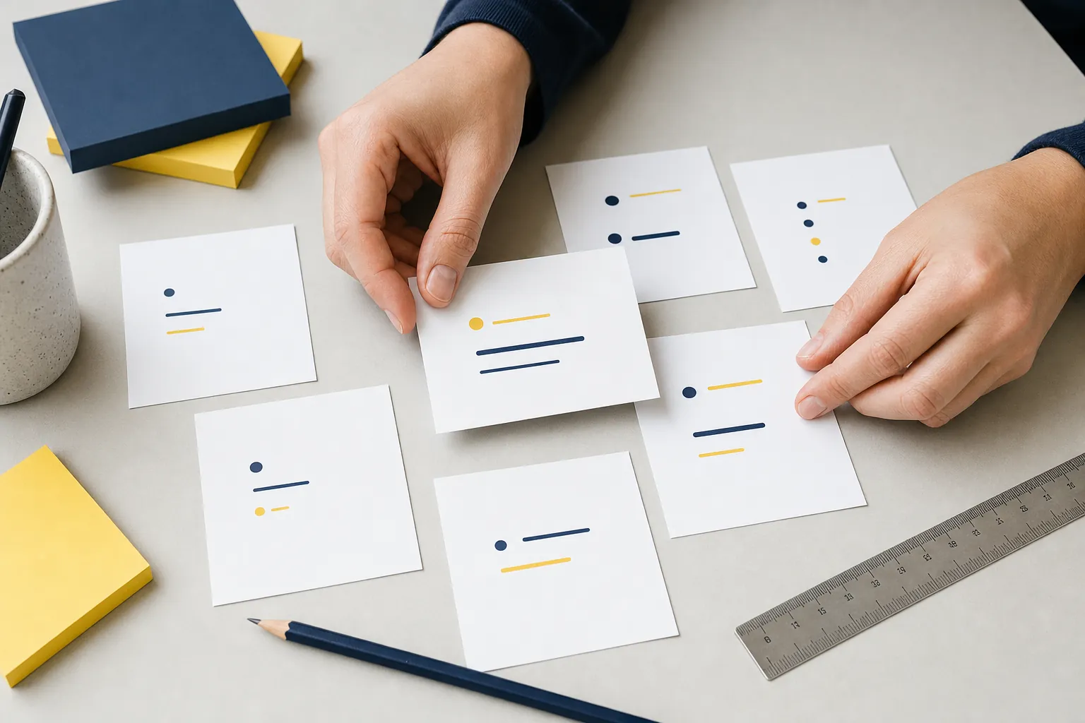 Hands arranging concise website message cards on a desk