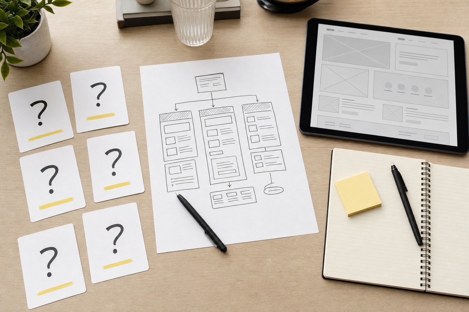 Website planning desk with customer questions, page map, tablet, and notebook
