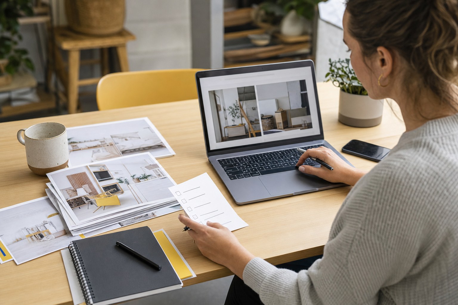 Small business owner reviewing website photos and a content checklist beside a laptop