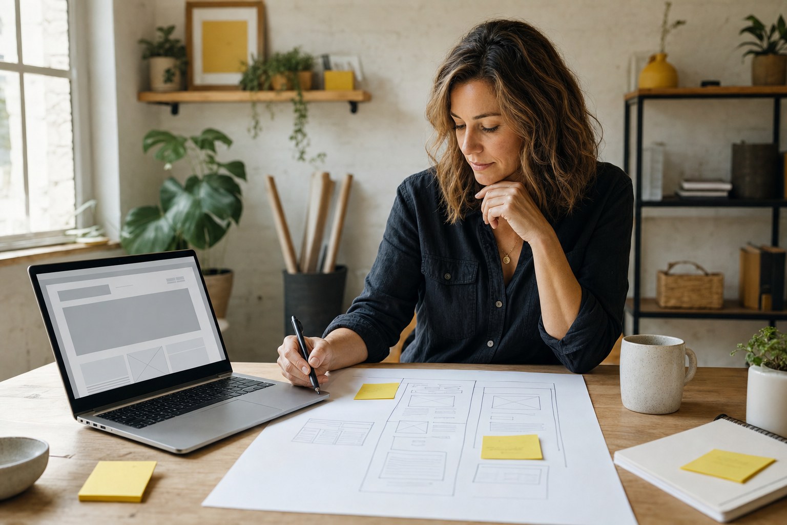 Small business owner planning a website with page sketches and a laptop