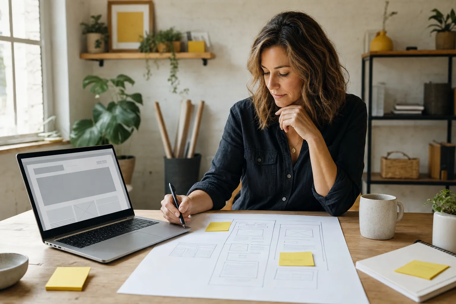 Small business owner planning a website with page sketches and a laptop
