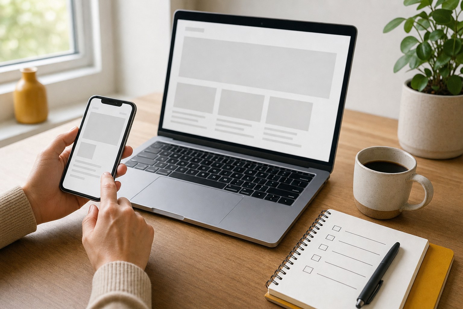 Person checking a small business website on a phone beside a laptop and checklist