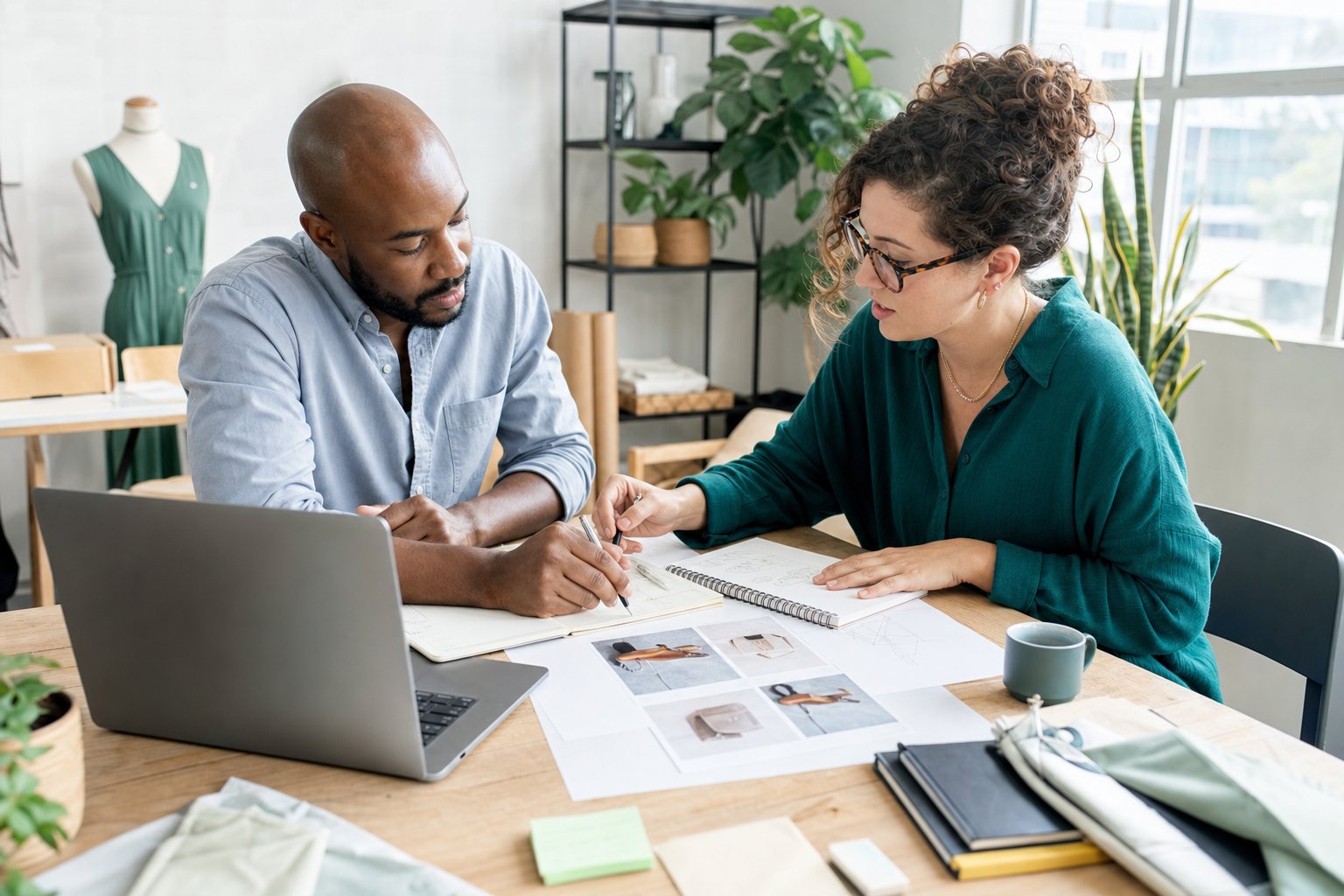 Small business owner and website strategist planning website requirements together