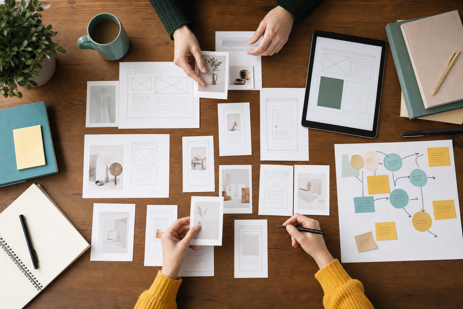 Website planning materials, page sketches, product photos, and customer journey notes arranged on a desk