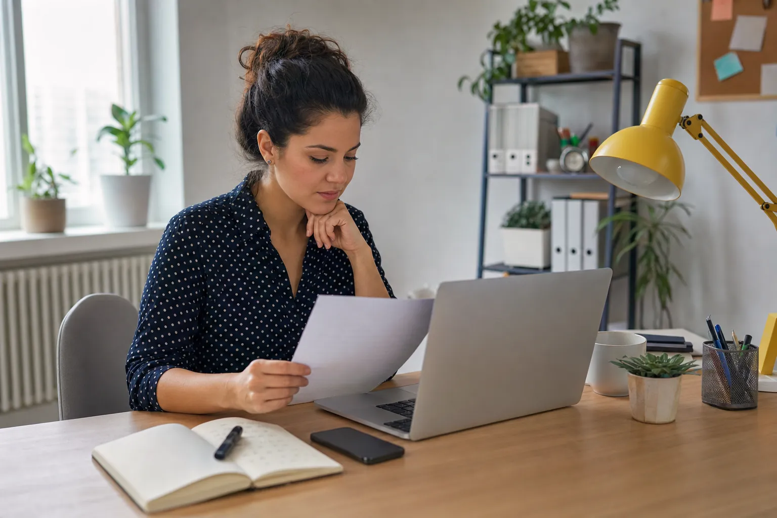 Small business owner reviewing a website launch checklist beside a laptop