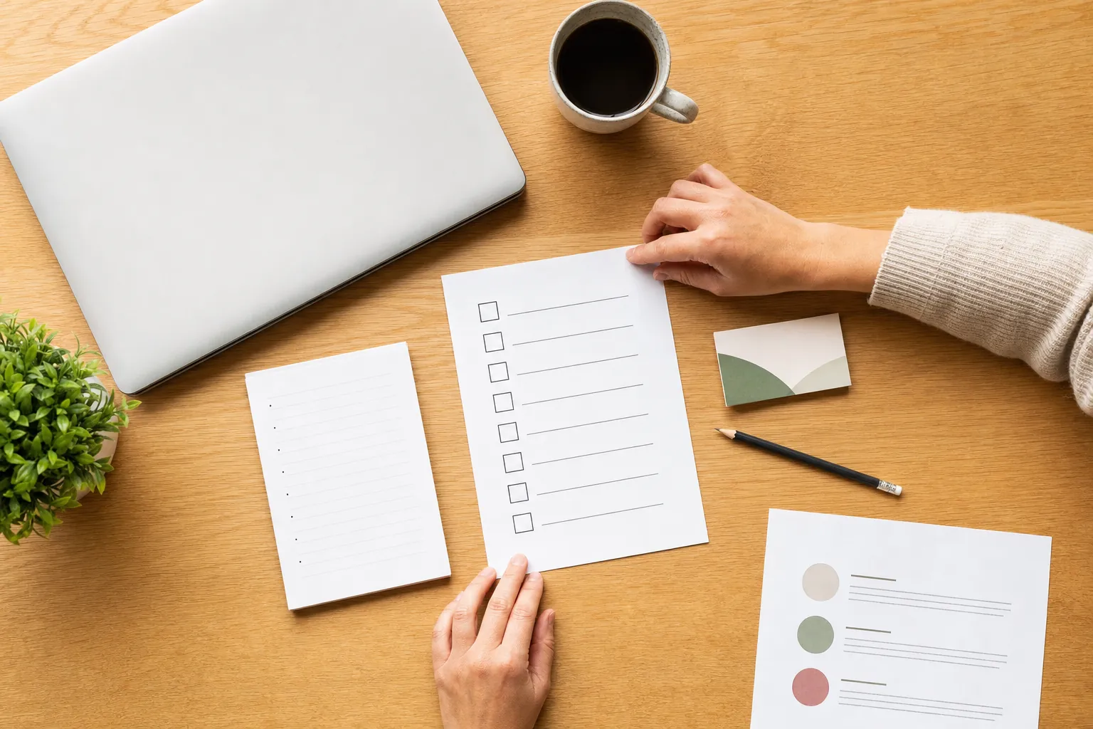 Website launch checklist, planning notes, and laptop arranged on a desk