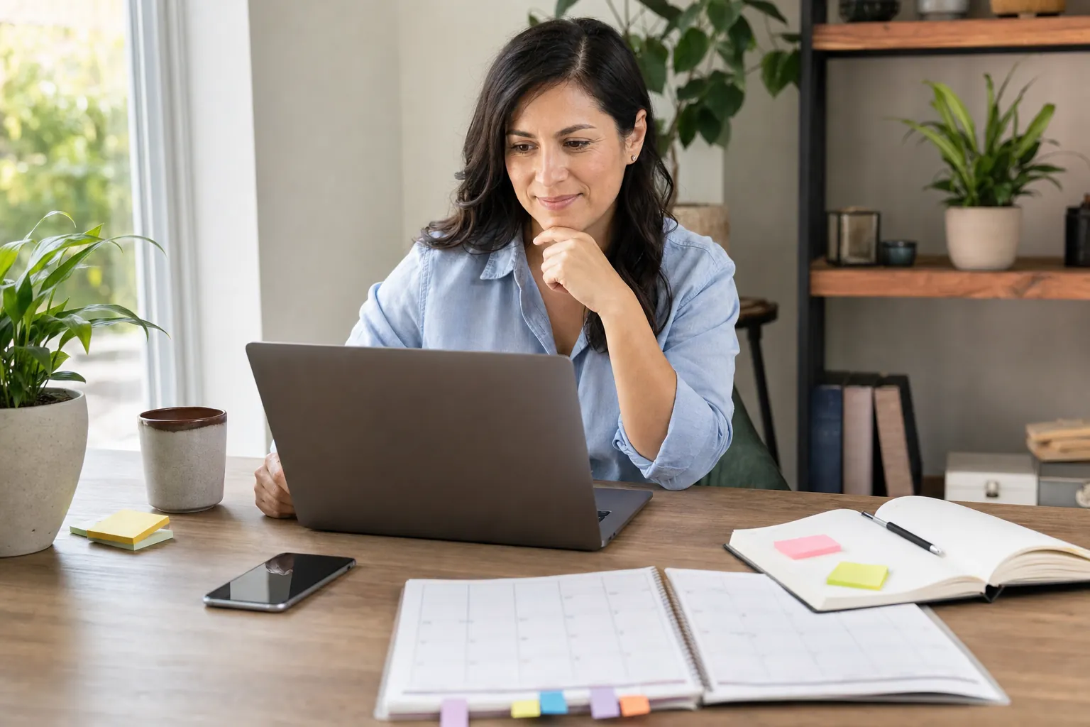 Small business owner reviewing website work with a calendar and notes