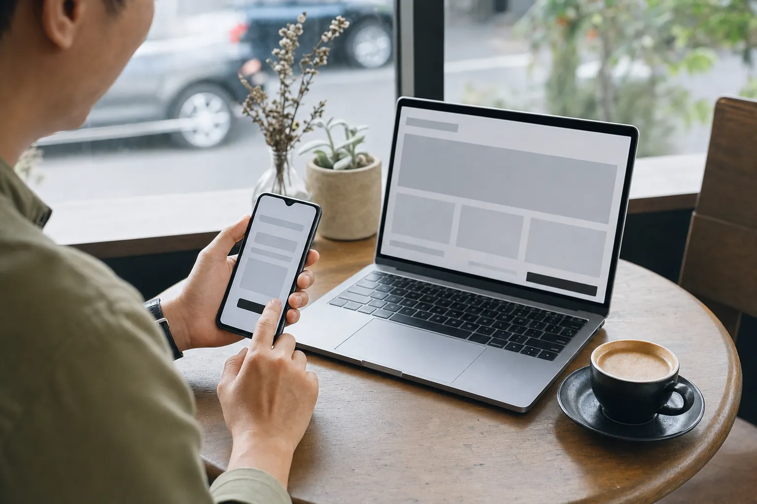 Business owner testing a website on a phone and laptop