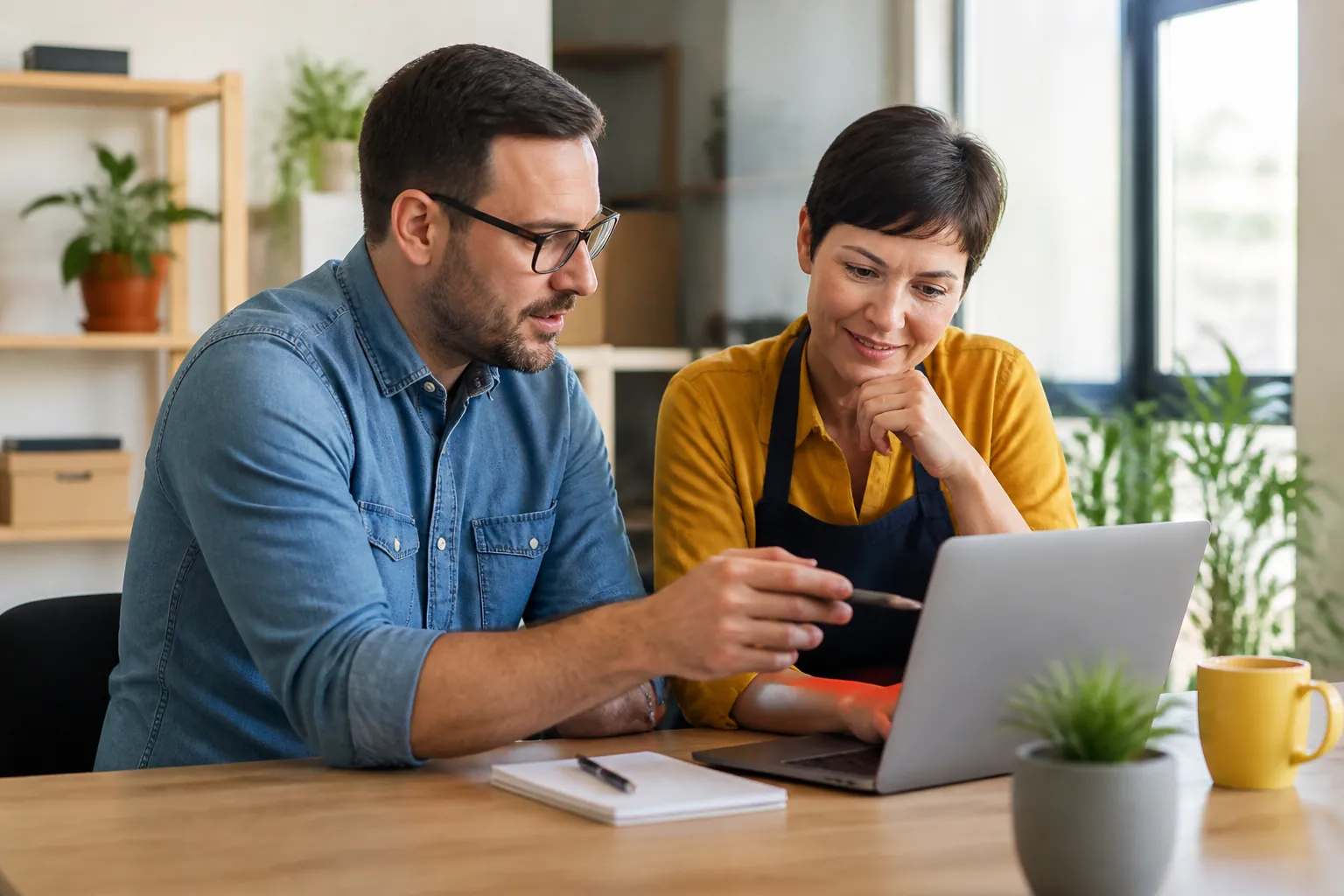Business owner and consultant planning website improvements together