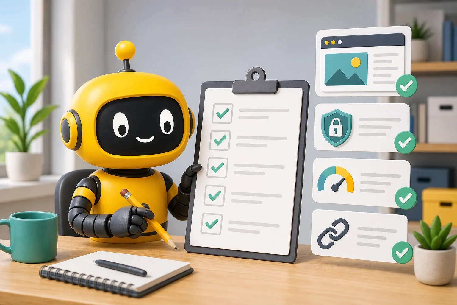 Theo robot reviewing a website maintenance checklist with content, security, speed, and link tasks