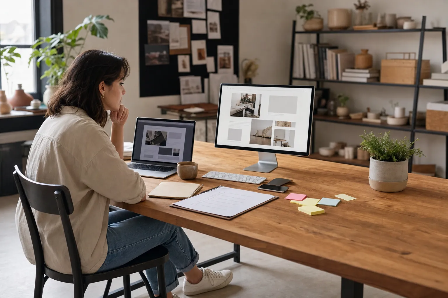 Small business owner comparing a current website with a redesigned page plan at a desk