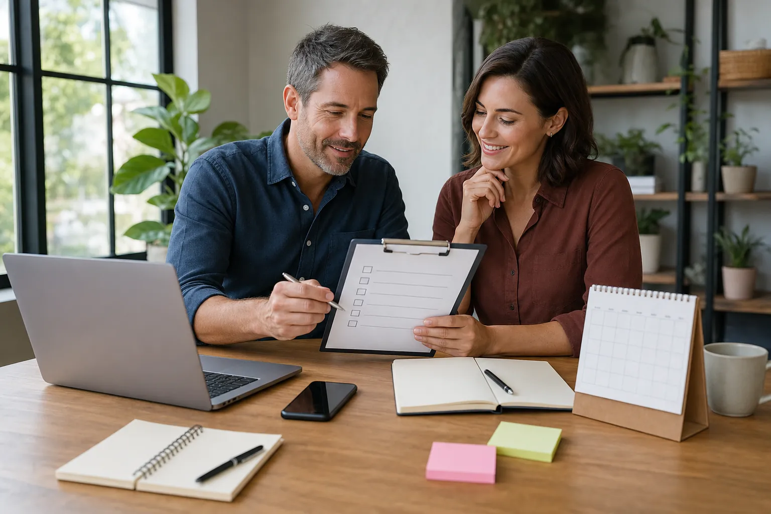 Two small business owners reviewing a website launch checklist beside a laptop