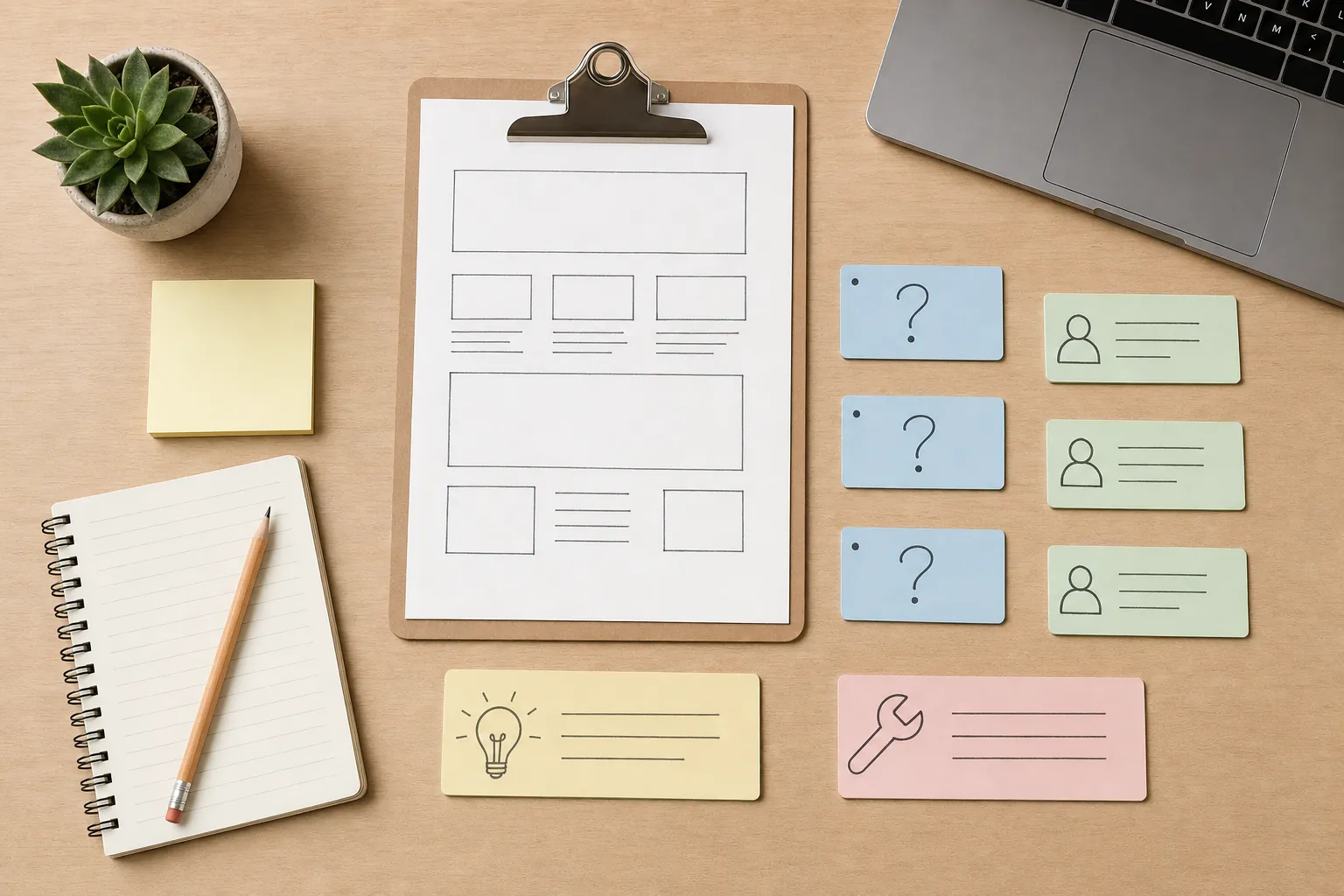 Website page map and customer-question cards arranged on a small business planning desk