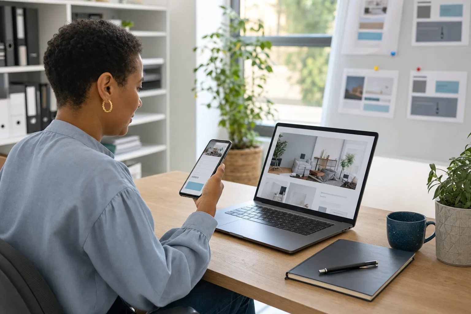 Small business owner testing a redesigned website on a phone beside an open laptop