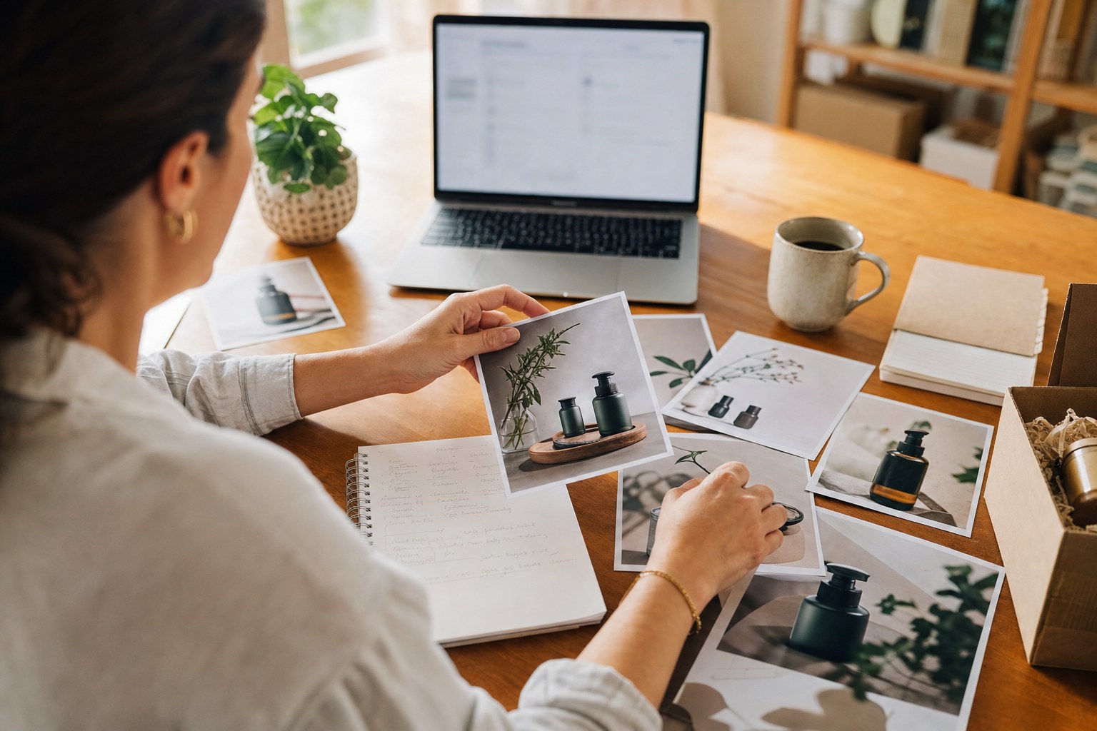 Business owner organizing product photos and notes for website content