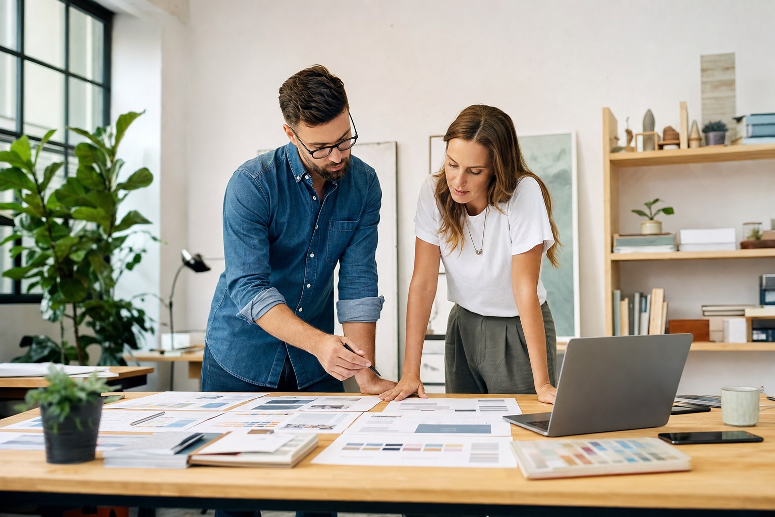 Small business owner and web designer reviewing a website redesign plan at a desk