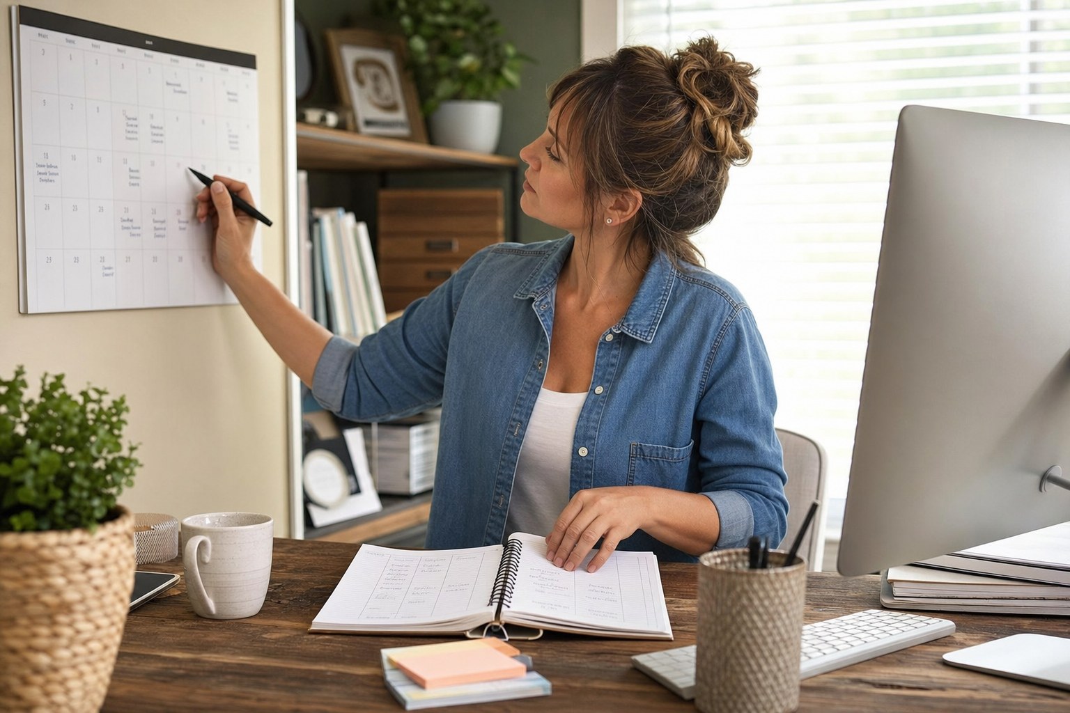 Small business owner planning recurring website updates at a desk