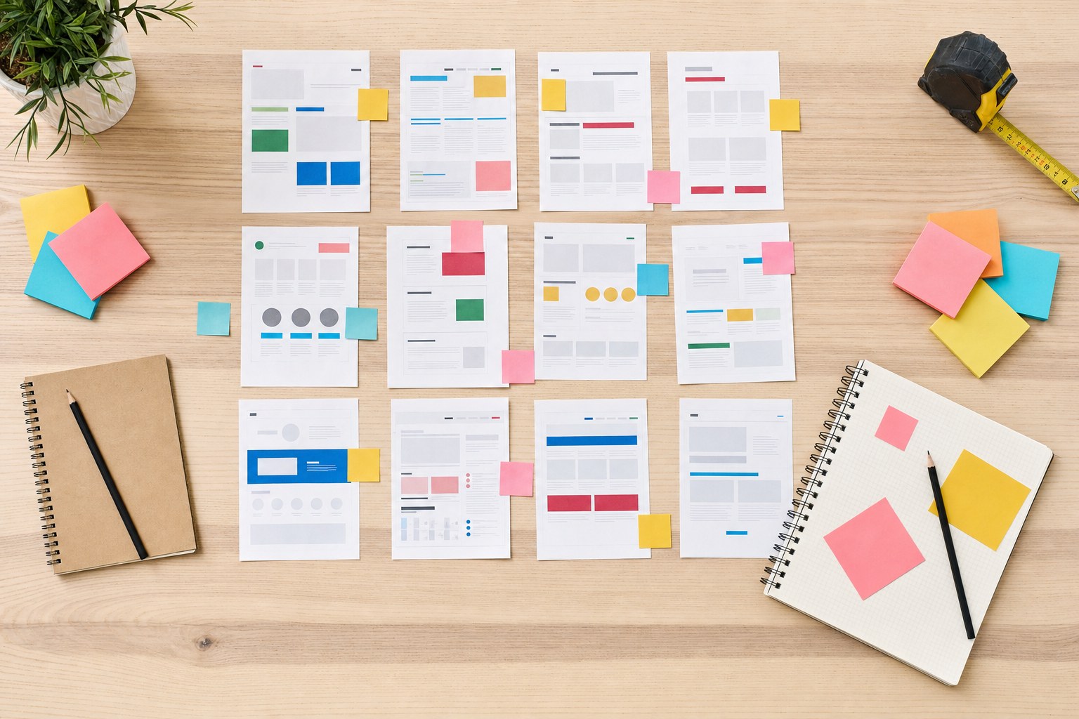 Website page plans and project notes arranged on a planning desk