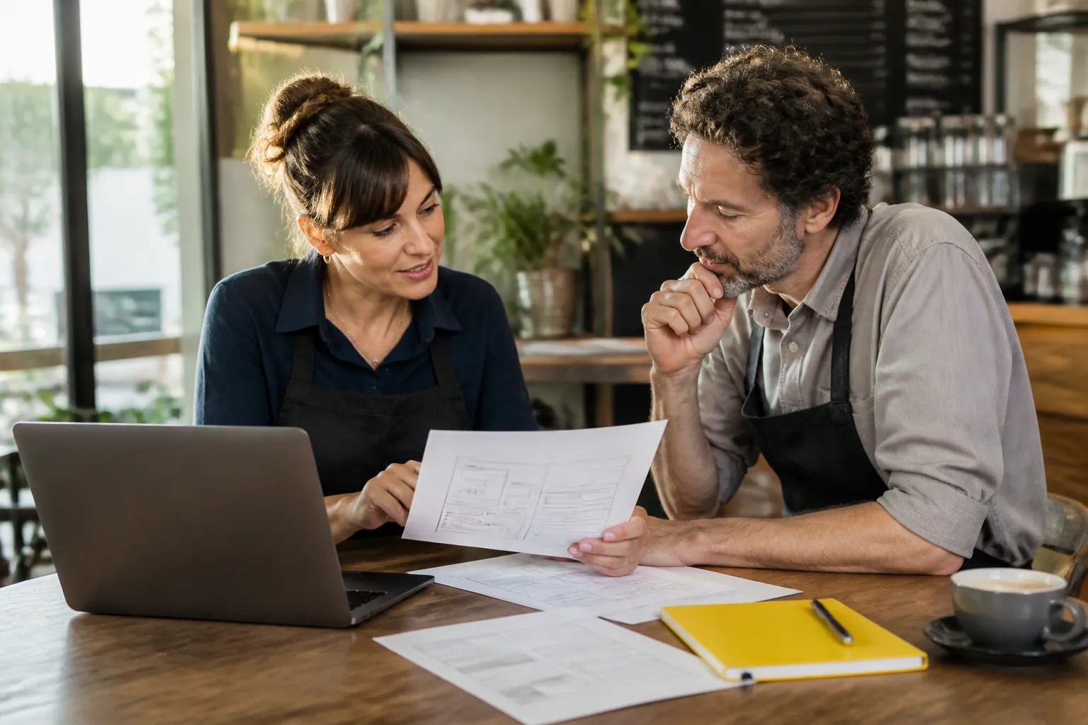 Two small business owners discussing website plans at a table