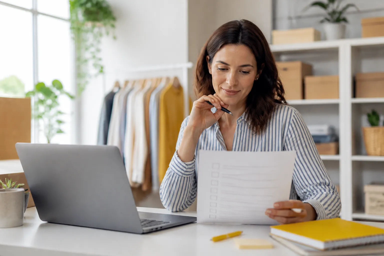 Small business owner reviewing a website support checklist at a desk