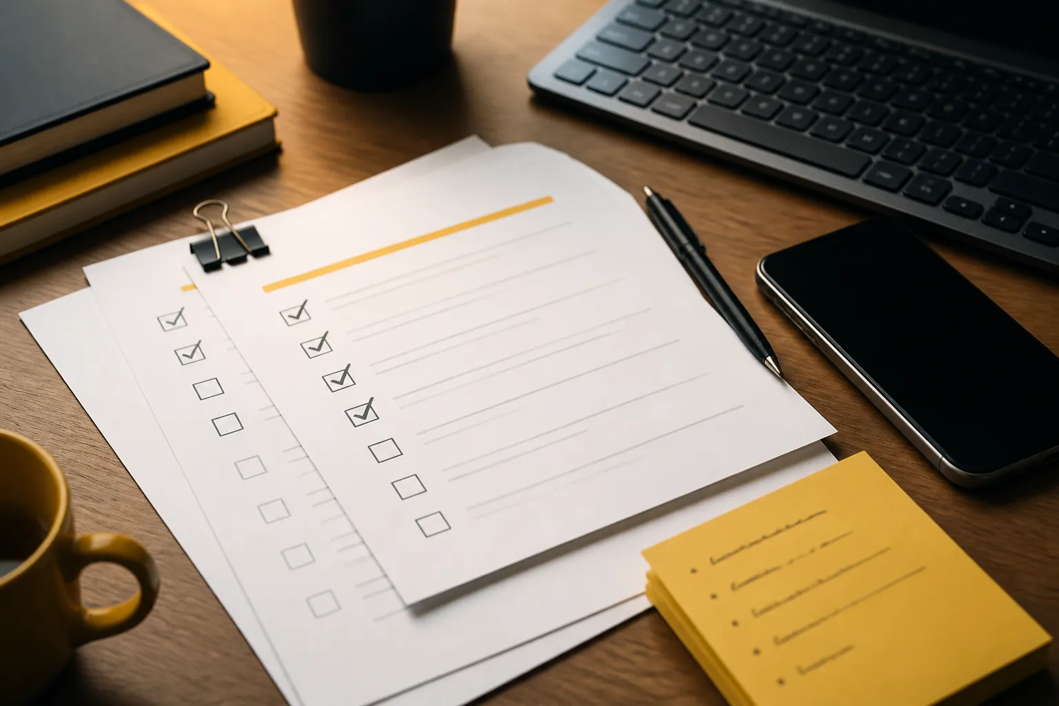 Organized desk with website support planning notes and a keyboard
