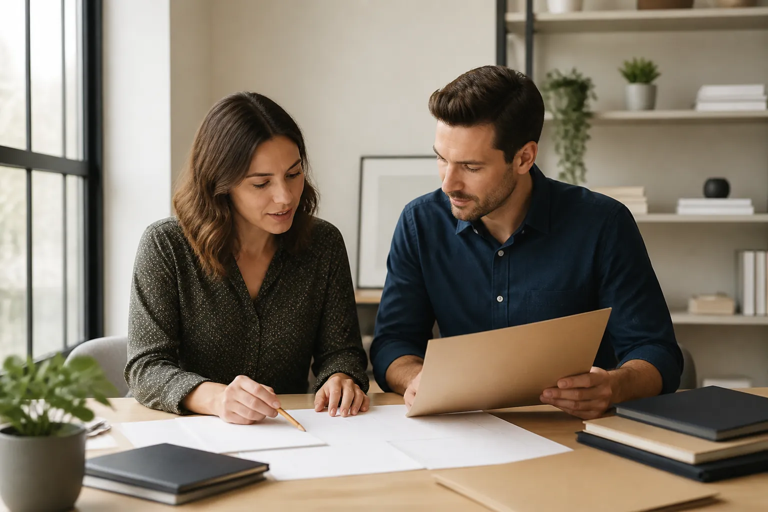 Two business owners reviewing blank website page plans and folders