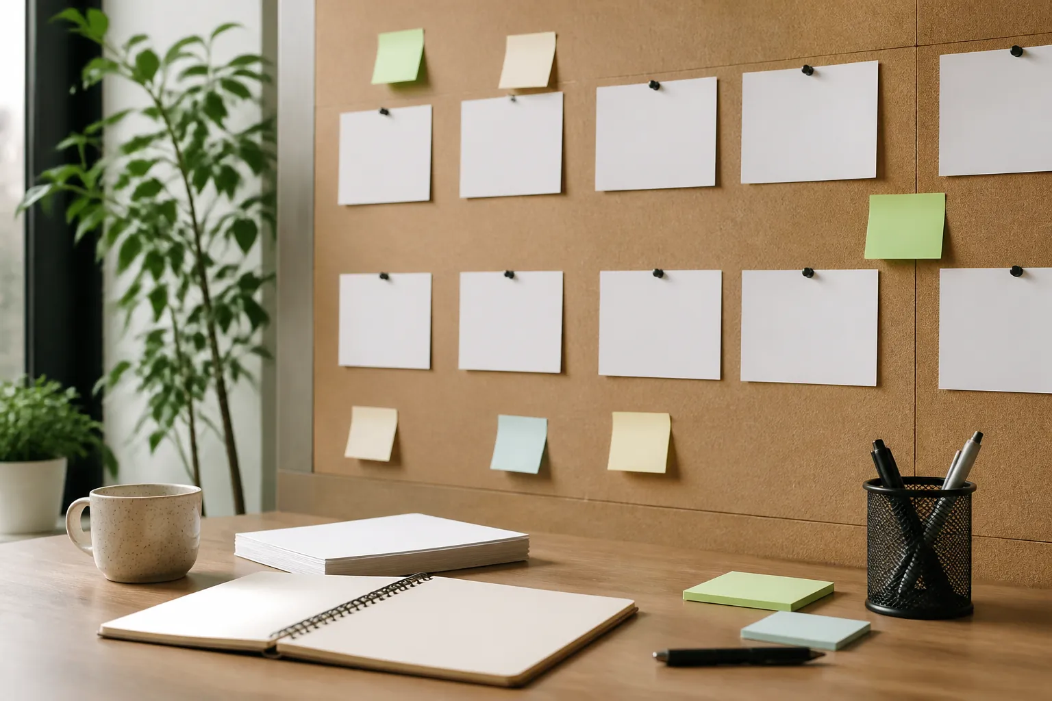 Organized website planning wall with blank cards and notebook