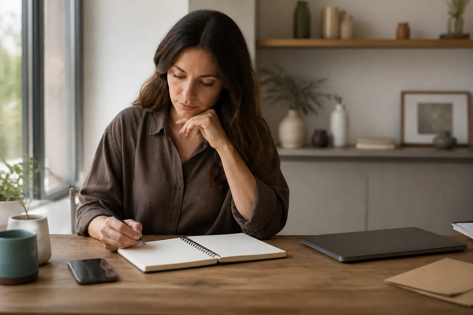 Small business owner reviewing a blank website planning notebook