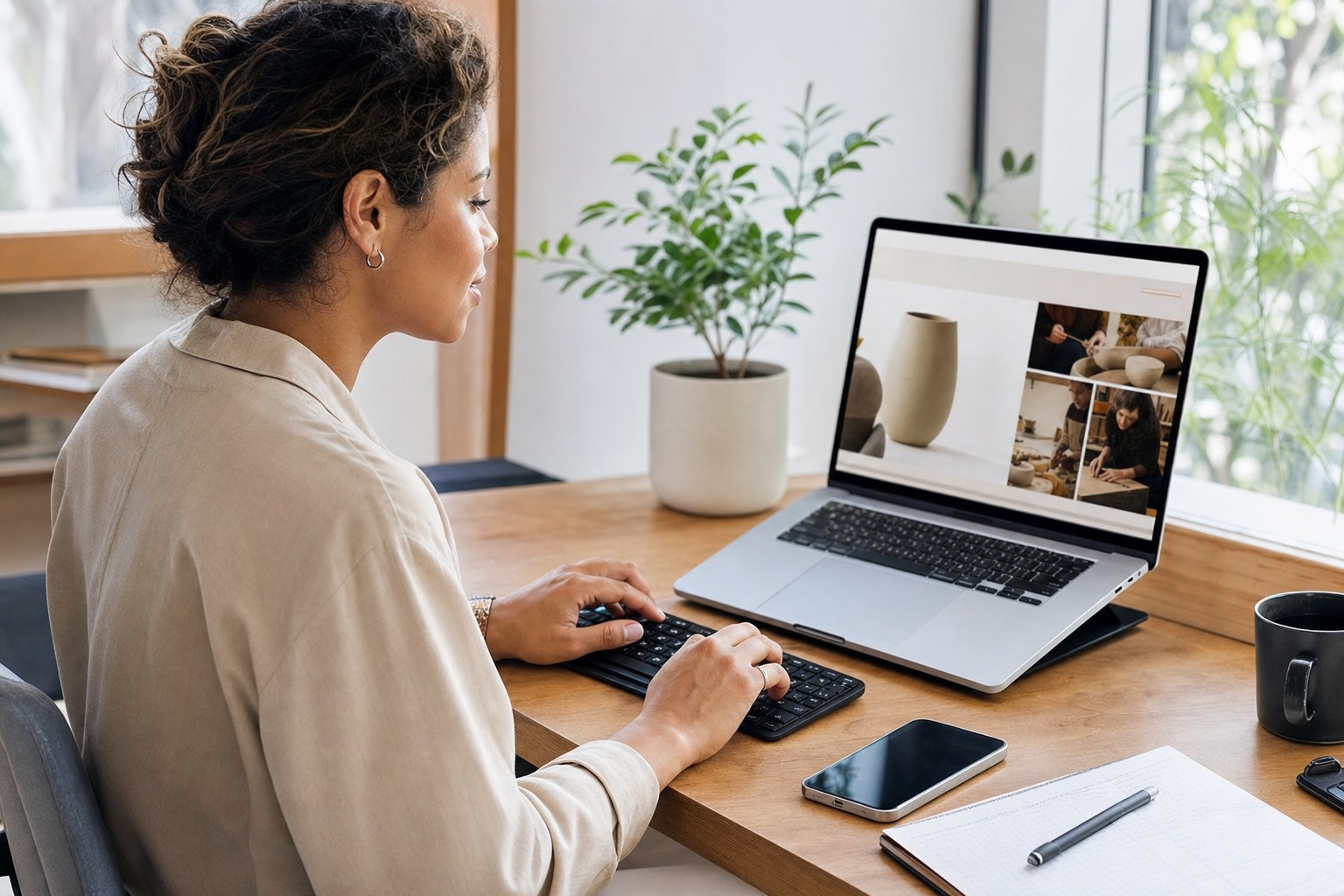 Small business owner reviewing a website on a laptop with keyboard and phone nearby