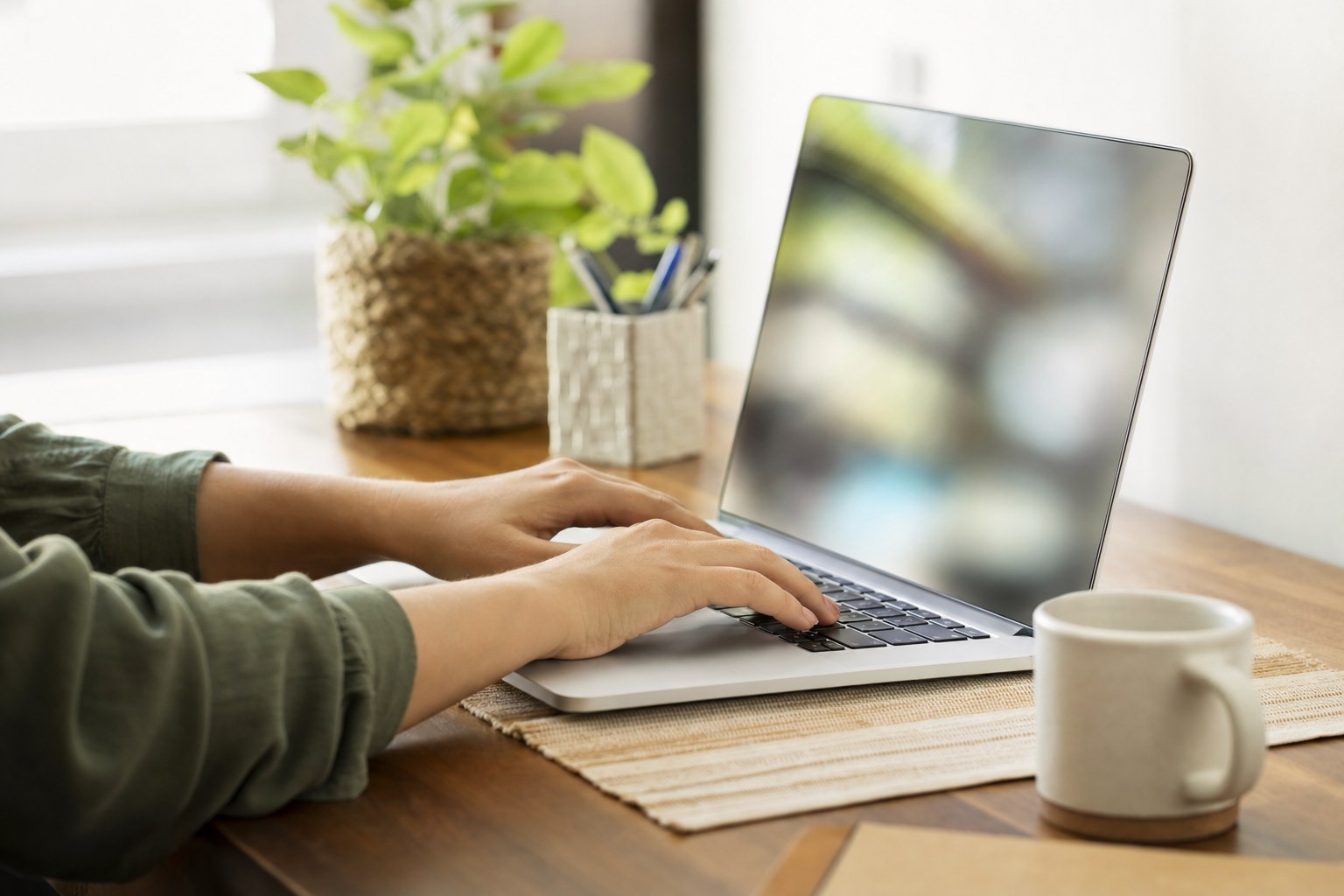 Hands using a laptop keyboard to navigate a website